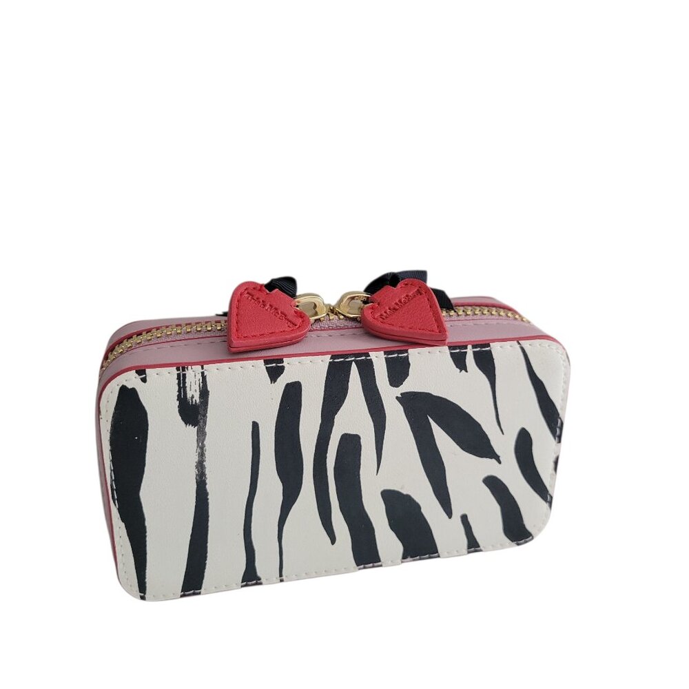 Zebra Trish McEvoy Leather Travel Makeup Bag Case With Hearts Gold Zip 6 x 3 x 2